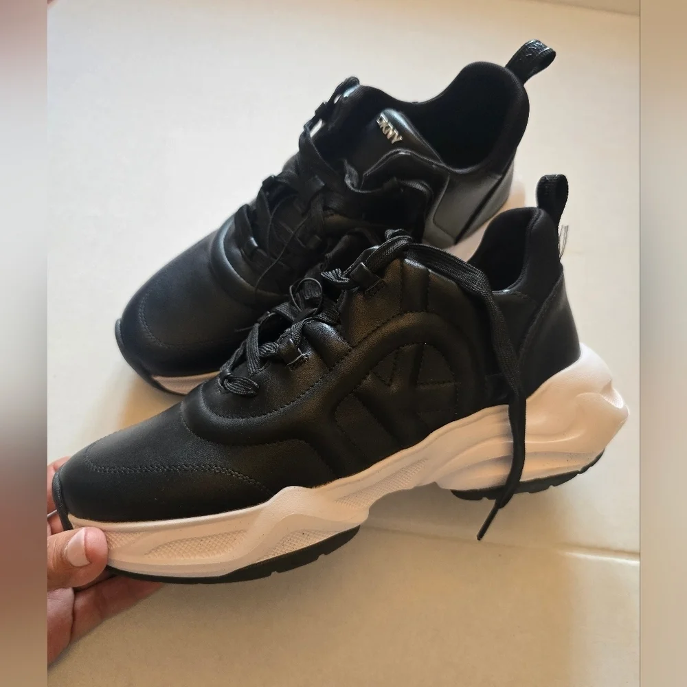 DKNY Chunky Faux Black Leather Sneakers Size 7.5